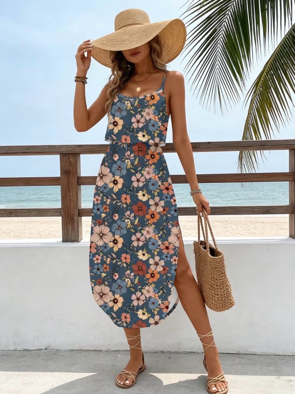 Blue Floral Spaghetti-Strap Summer Midi Dress New Boutique - Picture 2 of 6